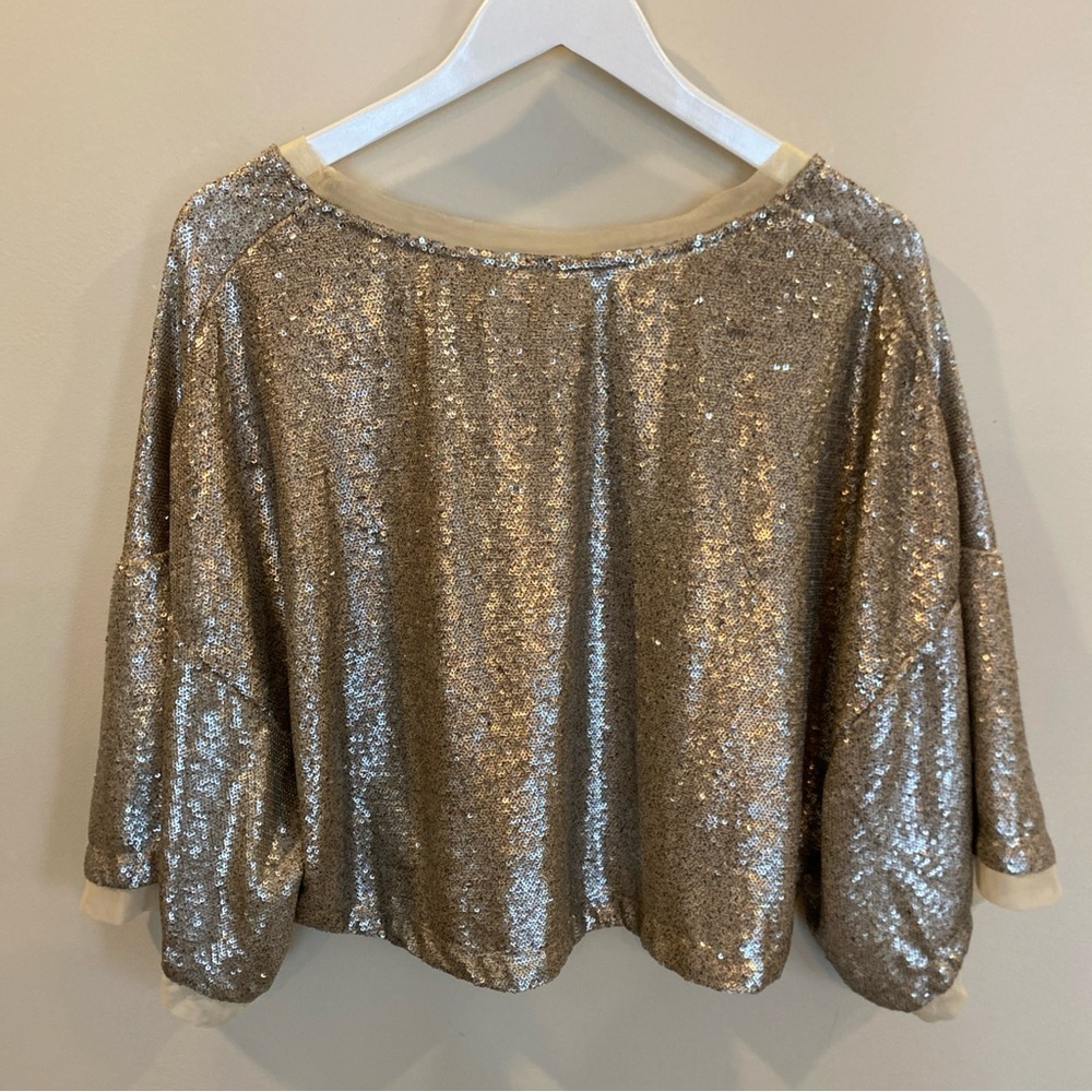 FREE PEOPLE Champagne Dreams Gold Sequined Oversized Cropped Top Size Small - Picture 5 of 5